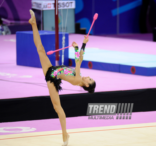 Azərbaycanlı gimnast Avropa Oyunlarında bədii gimnastika üzrə fərdi yarışların finalına çıxıb. Bakı, Azərbaycan, 19 iyun 2015